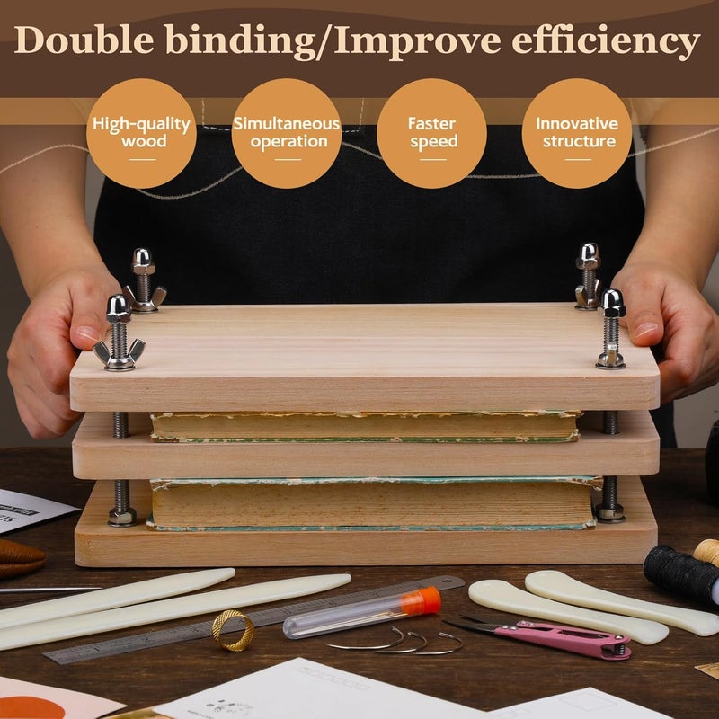 JUPEAN 34 Pcs Book Binding Kits, Book Press(11.81”x7.56”), Books Making Kit with Bone Folder Bookbinding Needles Waxed Threads Books Binding Awl, Bookbinding Tools for Beginners - Image 5